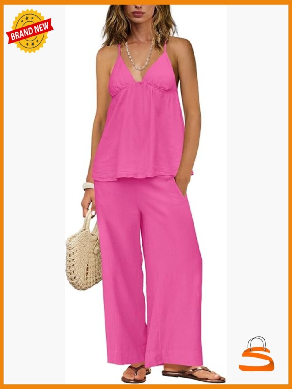 Linen 2 Piece Set Spaghetti Strap Top Wide Leg Pants Loungewear Matching Set